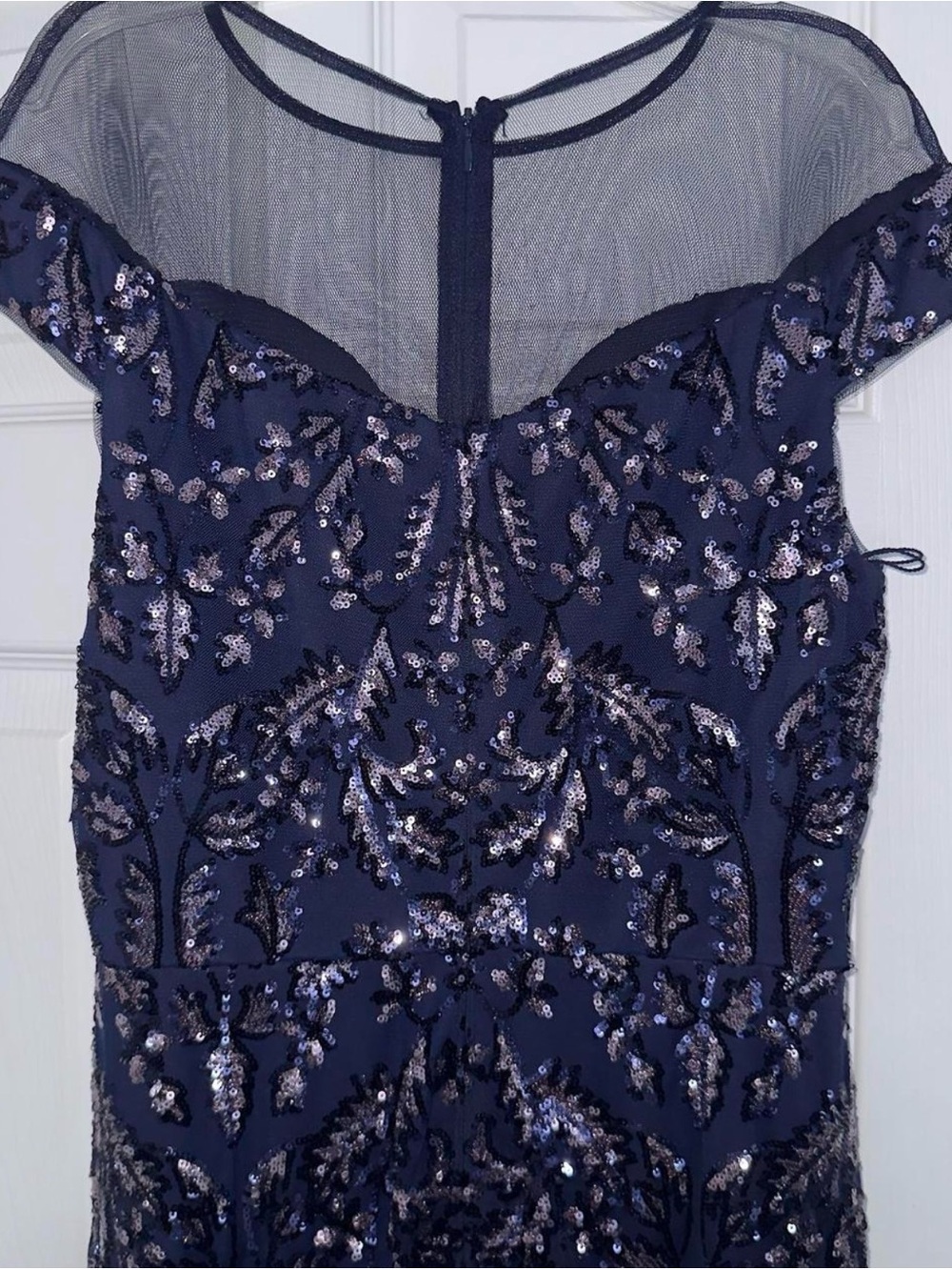 ADRIANNA PAPELL Navy Sequin Mesh Cocktail Dress